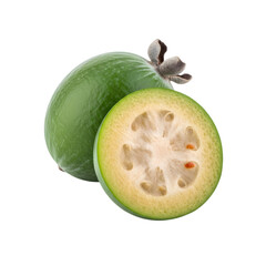 A high-quality, professional-grade visual of a whole feijoa fruit with a half slice, a unique and wholesome exotic fruit isolated on transparent background.