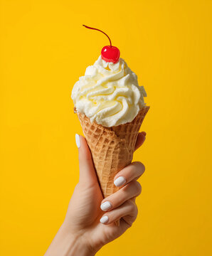 Hand holding vanilla cone topped with a cherry on yellow background, photo