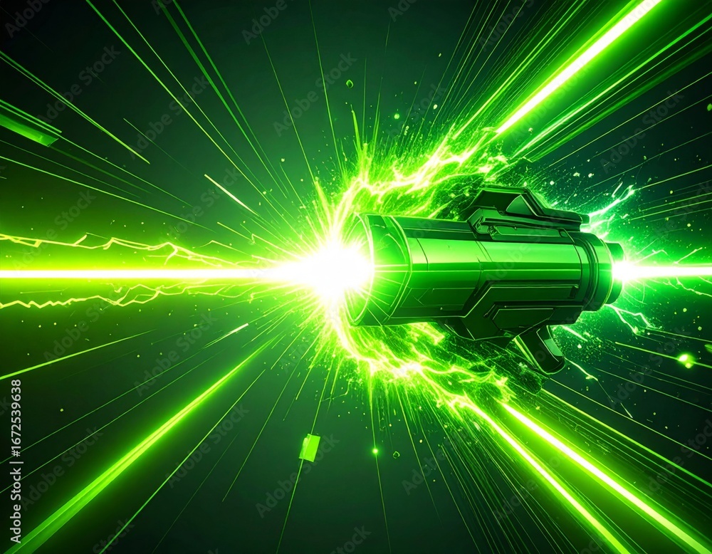 Poster futuristic green light explosion with beam effect through tunnel with high speed