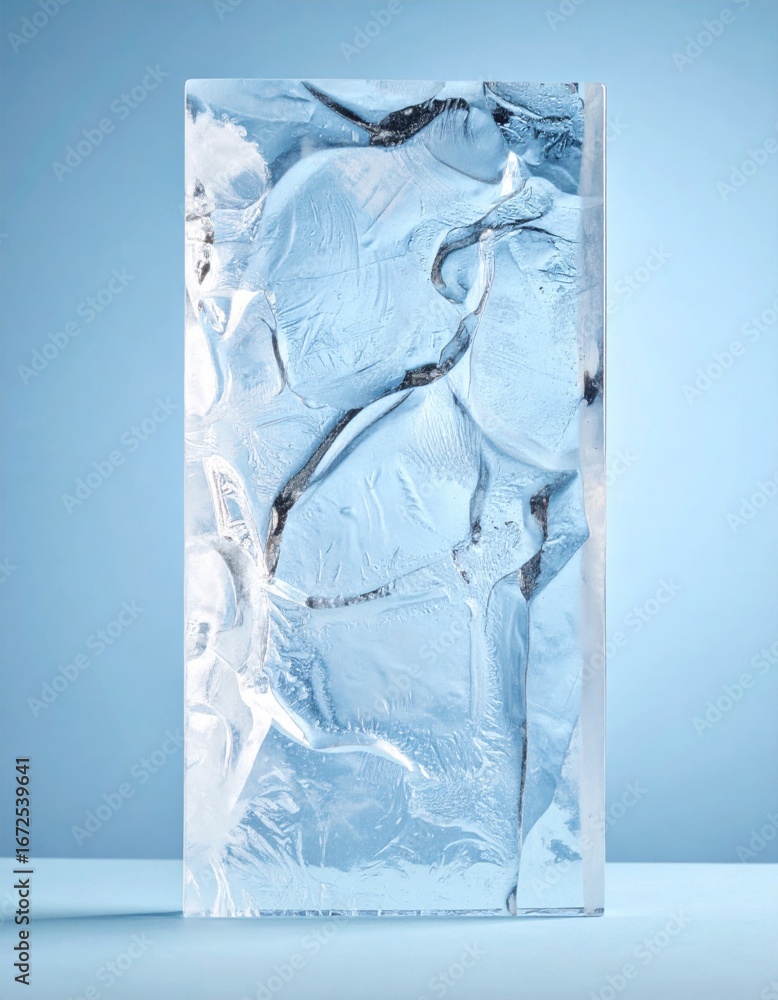 Poster detailed rectangular ice block structure on light blue background displayed in studio