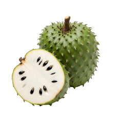 A detailed and professional-quality visual of a whole soursop fruit with a half slice, a unique and exotic tropical fruit isolated on transparent background.