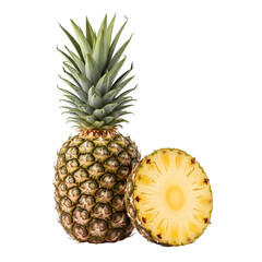 A professional-quality visual of a whole pineapple with its crown on the side and a half sliced off, a unique tropical fruit isolated on transparent background.