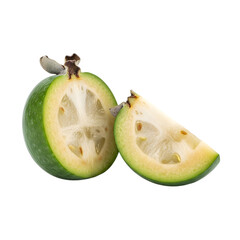 A detailed and professional-quality visual of a whole feijoa fruit with a half and slice, a unique exotic fruit, completely visible and perfectly isolated on transparent background.