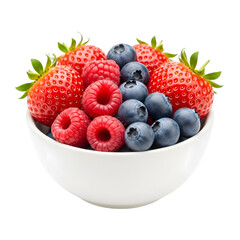 A pristine, high-resolution photographic rendering of a cluster of fresh mixed berries in a bowl, a healthy snack, completely visible and perfectly isolated on transparent background.