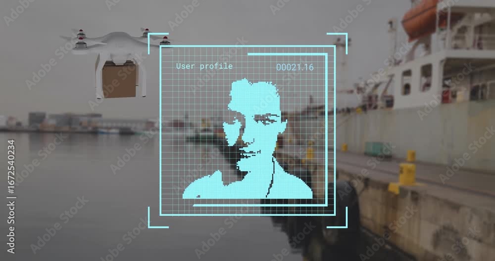 Poster animation of biometric and data processing over drone with box and sea port