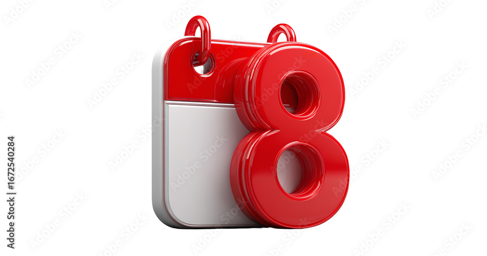 Poster glossy red calendar icon showing number eight on transparent background