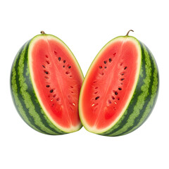 A high-quality, professional-grade visual of a whole watermelon cut in half to show the juicy red flesh, a classic summer fruit isolated on transparent background.