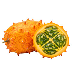 A detailed and pristine professional-grade visual of a whole kiwano with a half slice, a unique and exotic fruit, completely visible and perfectly isolated on transparent background.