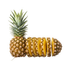 A professional-quality visual of a whole pineapple sliced into clean rings, a unique tropical fruit, completely visible and perfectly isolated on transparent background.