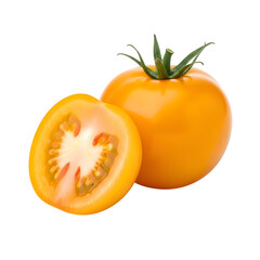 A professional-quality visual of a whole yellow tomato with a half sliced next to it, a unique and versatile food fruit isolated on transparent background.