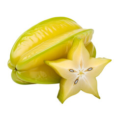 A detailed and pristine professional-grade visual of a whole star fruit with a half and slice, an exotic and unique fruit isolated on transparent background.