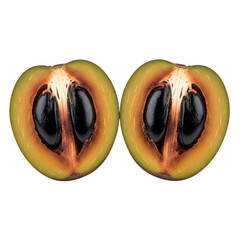 A high-quality, professional-grade visual of a black sapote sliced in half to show the dark flesh, a unique tropical fruit isolated on transparent background.