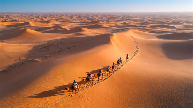 Camel caravan crossing desert