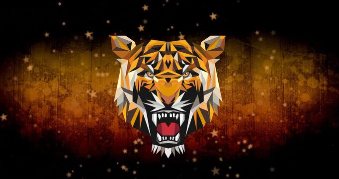 Animation of tiger head with open mouth over old map on dark background