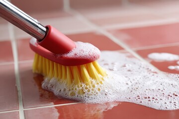 Cleaning dirty tiles with a scrubbing brush and soapy water in progress Generative AI