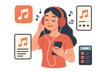 A young woman in headphones is depicted in a cartoon illustration, surrounded by digital icons and smartphone elements, conveying a theme of music streaming and playlist creation