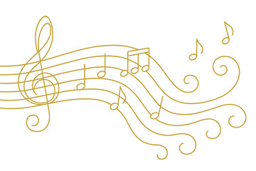 A collection of musical elements and symbols, including notes, a treble clef, and a pentagram, are depicted in a continuous gold line drawing