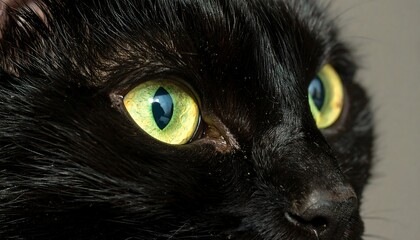 Close-up feline portrait showcasing intense gaze and striking yellow-green eyes of black cat