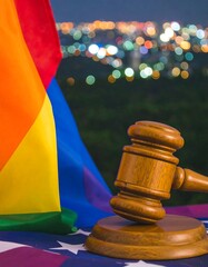 Pride flag and gavel in night cityscape