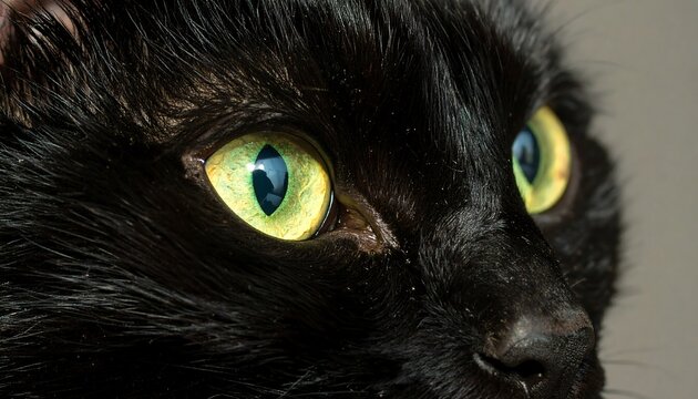 Close-up feline portrait showcasing intense gaze and striking yellow-green eyes of black cat