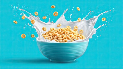 Cereal rings splash with milk in turquoise striped bowl on blue background healthy breakfast food concept