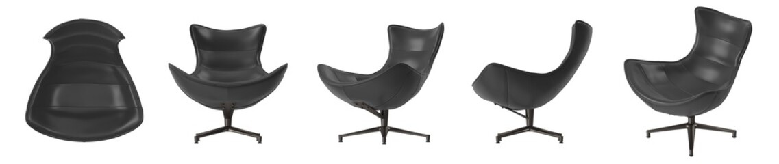 3D Render of a Modern Black Leather Swivel Lounge Chair, Multi-Angle View