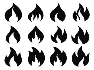 Set of 12 unique black flame icons isolated on transparent background