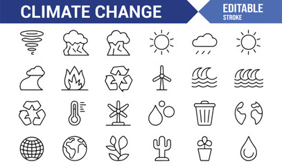 Editable climate change vector icons for sustainability and environmental designs