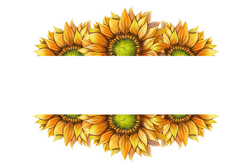 Watercolor horizontal banner with bright sunflowers and space for text. Perfect for invitations, greeting cards, wedding decor, posters, packaging, and seasonal autumn designs.