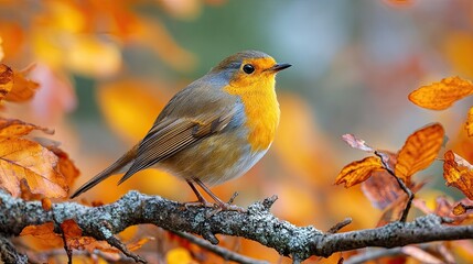 Closeup robin bird sitting on tree branch surrounded by autumn orange leaves in natural environment