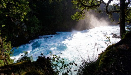 Scenic river scene with vibrant blue water and surrounding lush green foliage