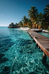 Fototapeta premium A wooden pier leads to Maldives bungalows over turquoise sea, palm-lined shore, suggesting tropical vacation bliss.