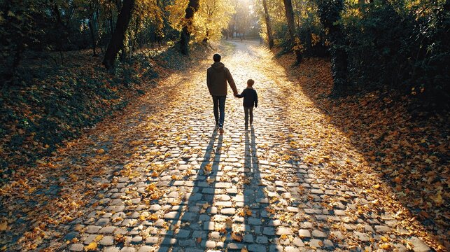Autumn road father child walk leaves sunset light shadow nature forest