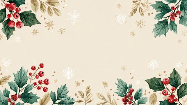 Christmas background holly berries leaves golden snowflakes festive decoration winter holiday card