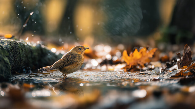 Small bird splashing joyfully in a forest puddle during autumn, surrounded by colorful fallen leaves, capturing lively natural movement. - Powered by Adobe