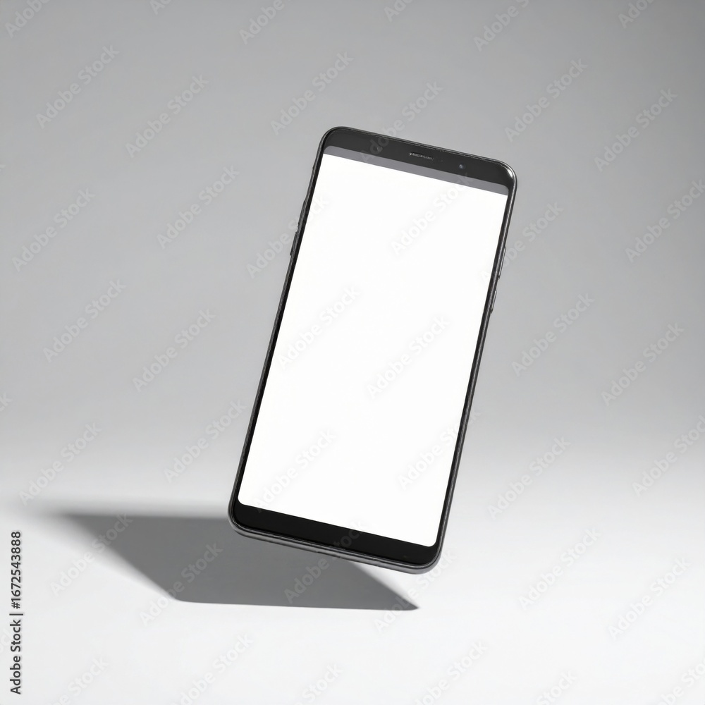 Poster floating black smartphone with white screen display on soft grey background