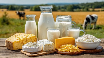 Assortment of fresh dairy products milk and cheese on rustic wooden table with cows in pasture