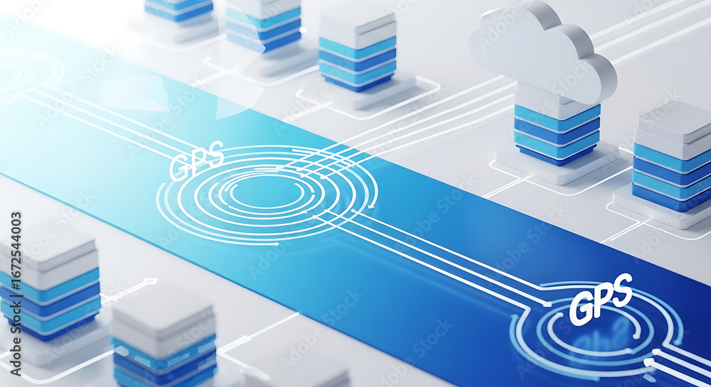 Poster abstract gps network with blue and white design showing data servers and cloud connections online