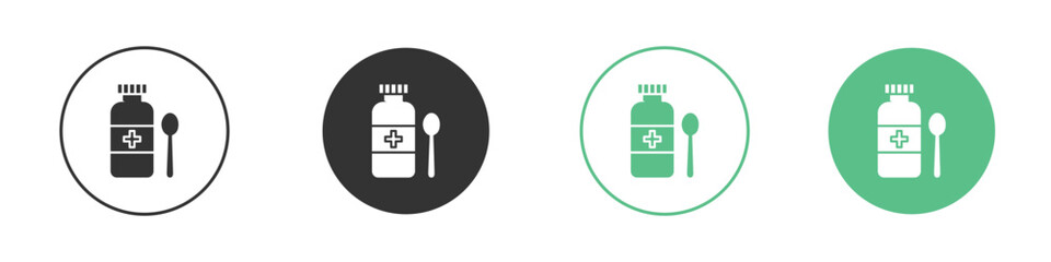 Syrup medicine bottle icons silhouette in flat black style.