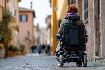 Electric wheelchair navigating an urban street in a quaint neighborhood Generative AI