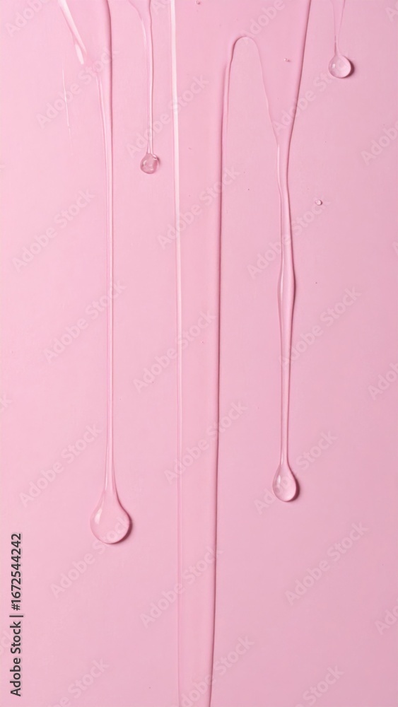 Poster abstract pink background with dripping transparent liquid and droplets creates a smooth texture