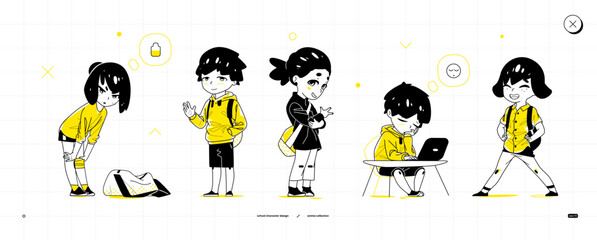 Anime-style school kids in unique poses: tired sporty girl bending forward, waving boy, peace sign girl, sleepy boy at desk, and confident smiling girl with hands on hips. Vector art.