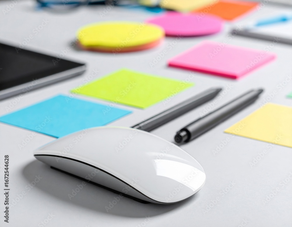 Poster Office Desk Scene with Computer Mouse Pen Sticky Notes and Tablet on Gray Surface