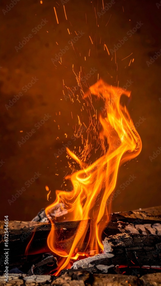 Poster intense flames flickering on dark wood creating dynamic heat and fiery display