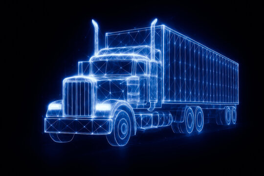 Futuristic neon wireframe American truck, polygonal low poly style glowing in blue light, digital transport and logistics technology concept.