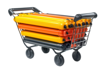 Shopping cart overflowing with colorful rolled bags isolated on a transparent background