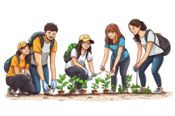 Volunteers are planting trees during community service day, they are all kneeling down while carefully placing saplings into the ground at local park