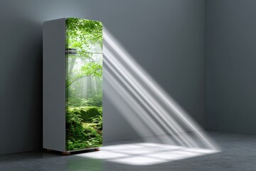 Modern energy efficient refrigerator featuring eco label and natural design Generative AI