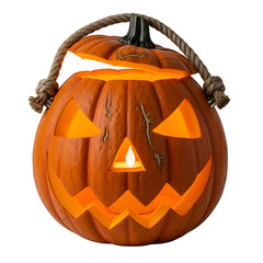 Illuminated carved pumpkin with rope handle : elements for halloween on transparent background