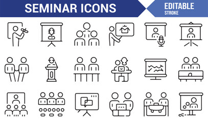 Editable seminar and conference vector icons for event design